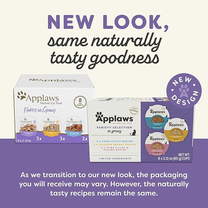 Applaws Natural Wet Cat Food, Limited Ingredient, Grain-Free, Protein with No Artificial Additives, Variety Pack in Gravy (8X 2.12 oz Easy-Open Cups)