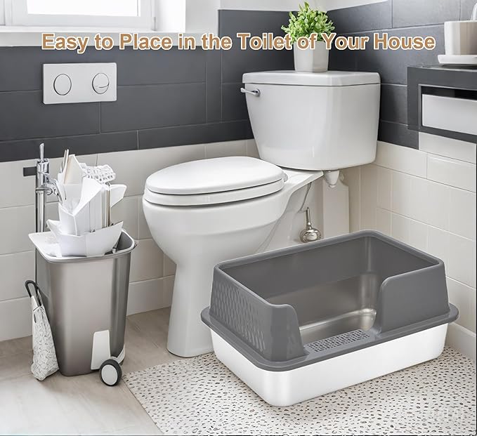 Enclosed Stainless Steel Cat Litter Box with Lid Large Litter Box for Cats Metal Litter Pan Tray with High Sides Scoop & Litter Mat Inside, Non-Sticky Anti Leakage Easy Cleaning (Grey, L)