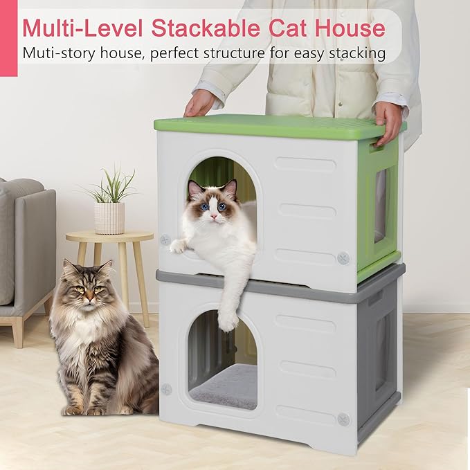 Plastic Cat House Outdoor & Indoor, Waterproof Feral Cat Houses with Escape Door, Sturdy Outdoor Cat House with Bed Mat, Outside Cat Shelter for Small Pet, Assemble and Clean Easily-Grey