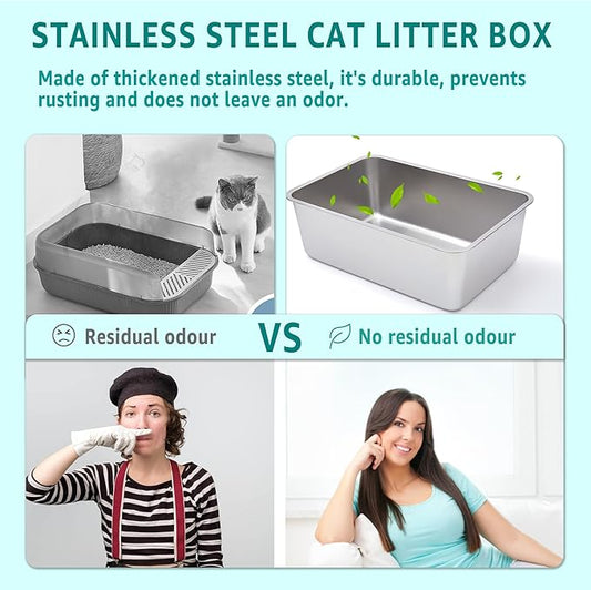 Stainless Steel Litter Box,XXL Metal Cat Litter Box for Big Cats 8IN Deep, Cat LitterBox High Sided Pet Toilet Easy to Clean,Cats Litter Pan for Adult Cats,Non Stick, No Smell
