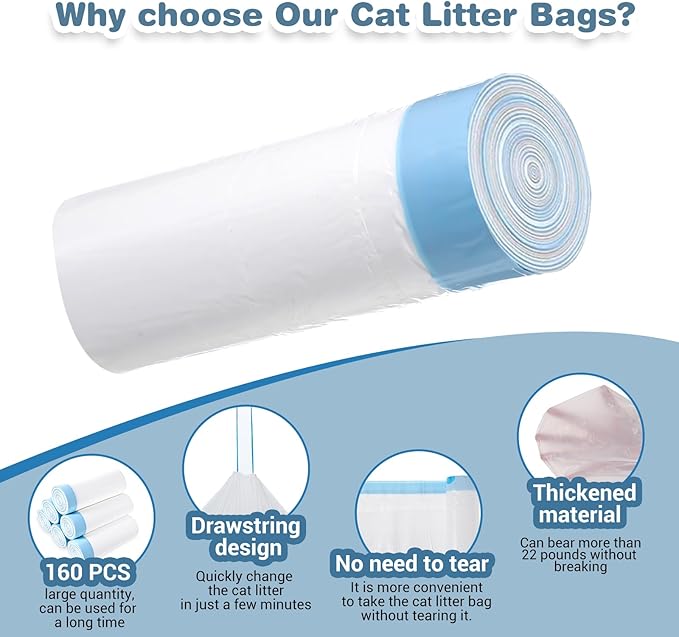 160Pcs Robot Litter Box Bags with Drawstring, Extra Thick Self Cleaning Kitty-Litter Bags Liners, Heavy-Duty Cat Litter Liner Bag for Family（25x15.7in, Blue）