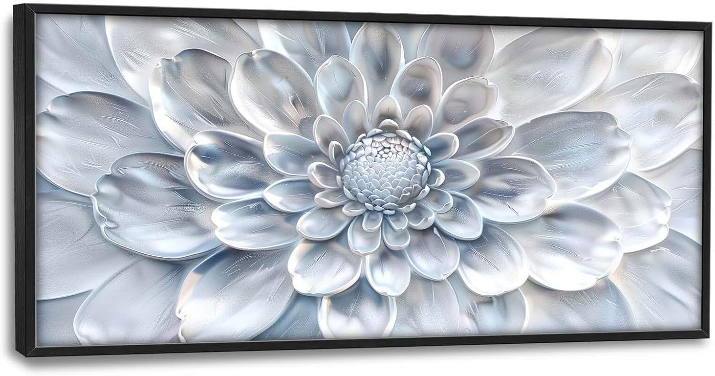 Abstract Flower Large Wall Art White Silver Floral Pictures Wall Decor Neutral Canvas Print Painting Artwork for Bathroom Living Room Bedroom 60L" x 30W"