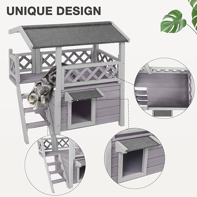 Cat House Outdoor Indoor Feral Cat Shelter Wooden Kitty House with Stairs, Balcony＆Weatherproof Roof