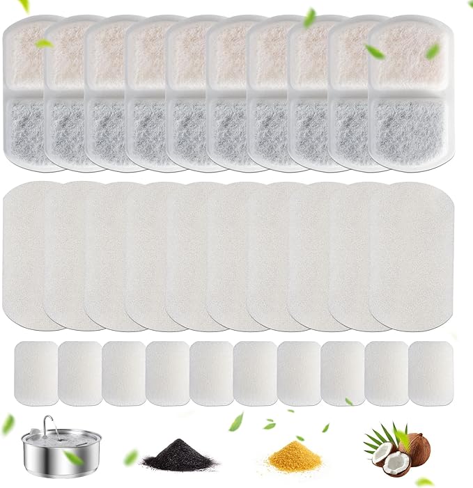 Dreamocean 10 Pack Repalcement Filters&10 Pack Sponges 10 Pump Sponges Replacement for 8L/2Gal Dog Water Fountain for Large Dogs, Muti-Layers Filtration System Filters for Pet Water Fountain