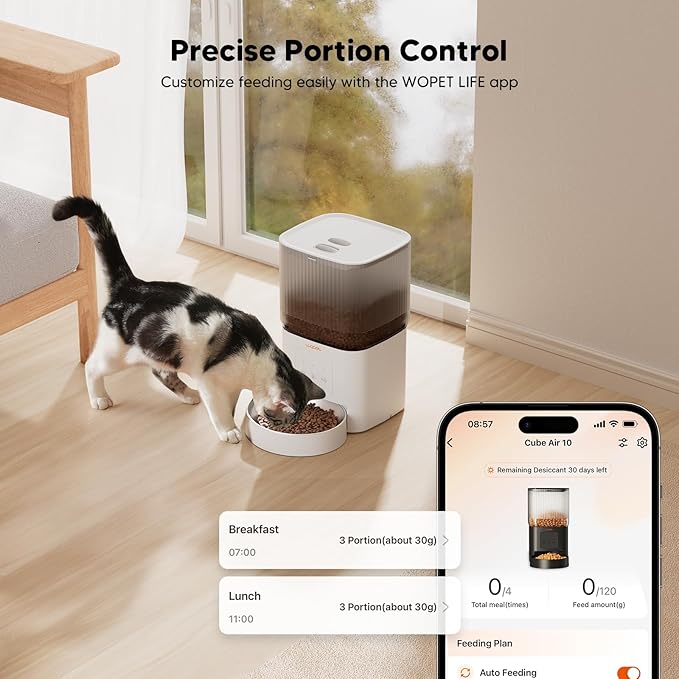 WOPET Automatic Cat Feeder, WiFi Dog Feeder with APP Control for Remote Feeding, Automatic Cat Food Dispenser with 10S Voice Record,1-10 Meals Per Day for Cats and Dogs