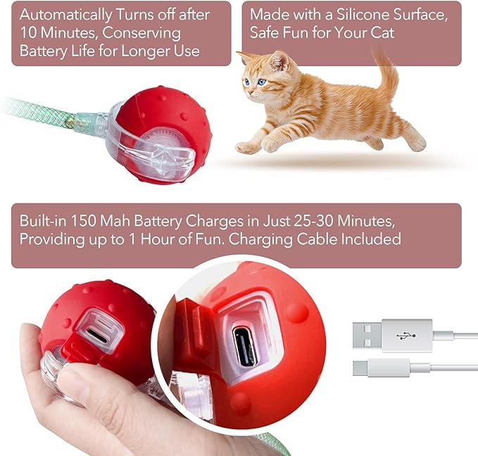 Speedy Tail Ball Toy 3.0 with 3 Play Modes, Bonus Tail, Powerful Motor Moving Ball, Interactive Auto Toy for Indoor Bored Kitten & Adult Cats, USB Rechargeable (Red, Birdsong)