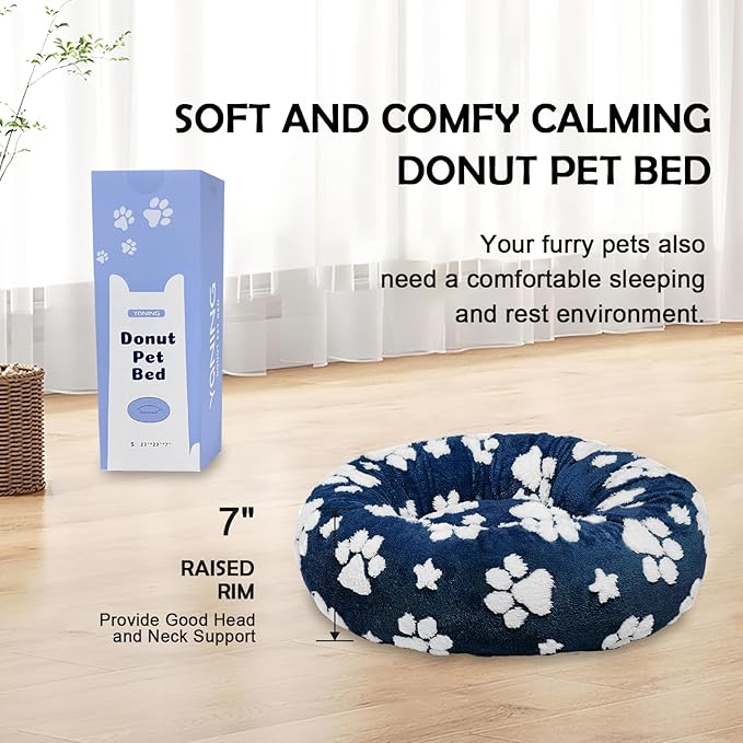 Donut Dog Beds for Small Dogs, Calming Round Cat Beds for Indoor Cats, Cute 3D Textured Paw Pet Bed with Removable Washable Cover and Anti-Slip Bottom（Navy Blue，23"）