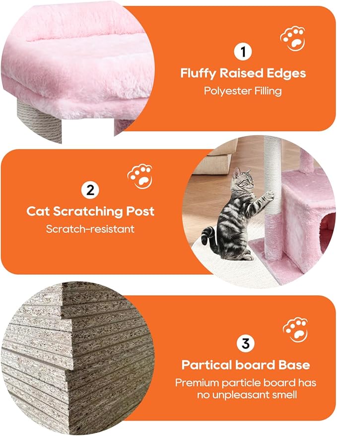 SYANDLVY Small Cat Tree for Indoor Cats Large Adult, 27" Activity Tower with Scratching Posts, Modern House with Padded Perch, Kittens Condo, Cat Cave, Pink