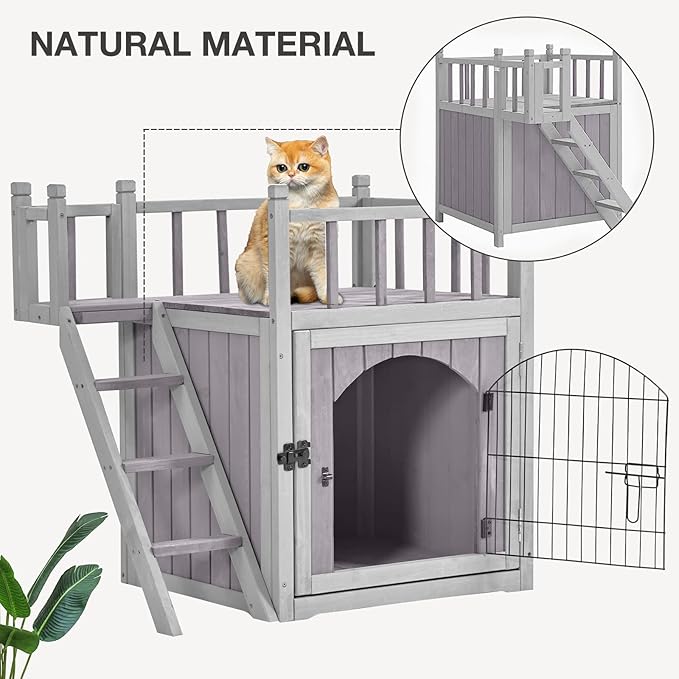 Cat House Outdoor or Indoor, Wooden Feral Cat Shelter with Large Balcony and Stairs, Kitty House with Lockable Wire Door