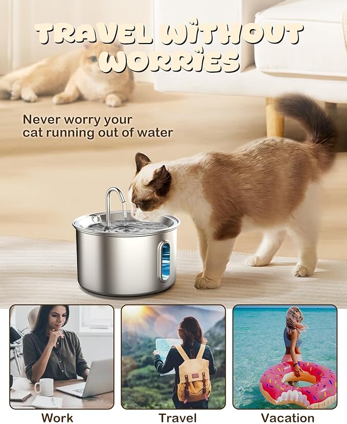 Stainless Steel Cat Water Fountain, 3.2L/108oz Quiet Automatic Cat Water Dispenser, Indoor Pet Spout, Dog Drinking Bowl with 1x Filter & 1x Sponge for Cats/Dogs/Multiple Pets - Silver