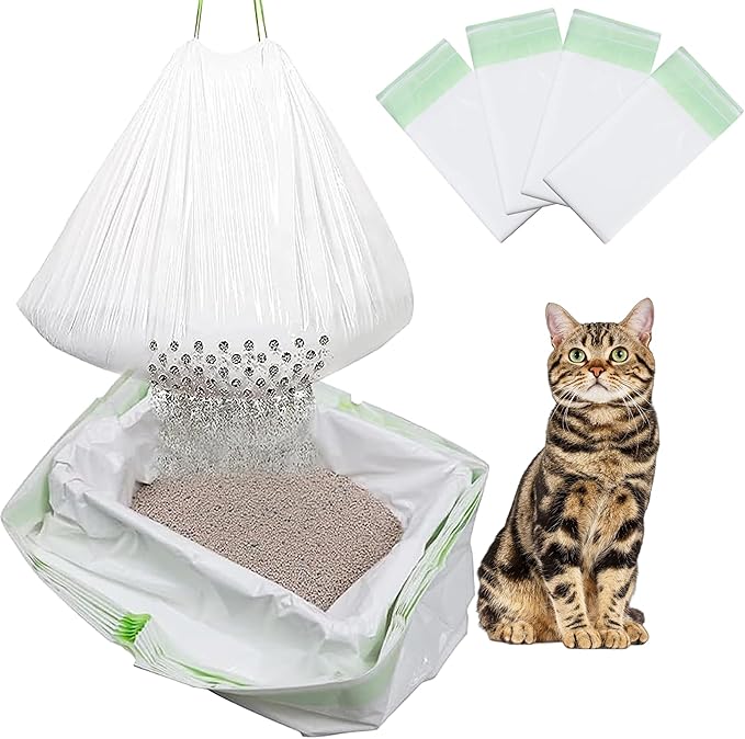 28 Count Cat Litter Box Liners with Holes, Cleaning Supplies with Durable Drawstring, Heavy Duty Self-Cleaning Cat Litter Bags, Thick Scratch Resistant (28)