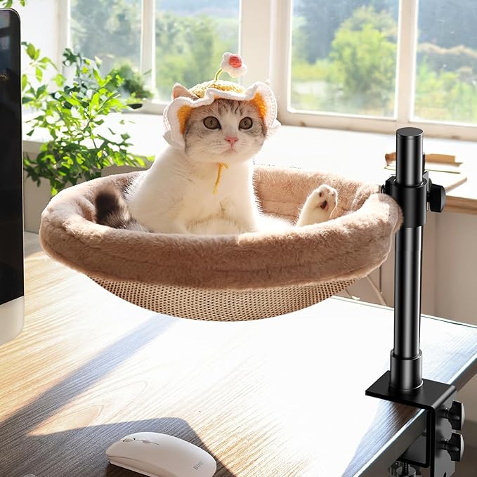 Cat Desk Bed, Cat Hammock for Home Office, 360°Rotating & Adjustable Shelf, Removable Comfortable Soft Pet Nest Bed, Modern Unique Kitten Furniture Attachment for Game Tables, Brown