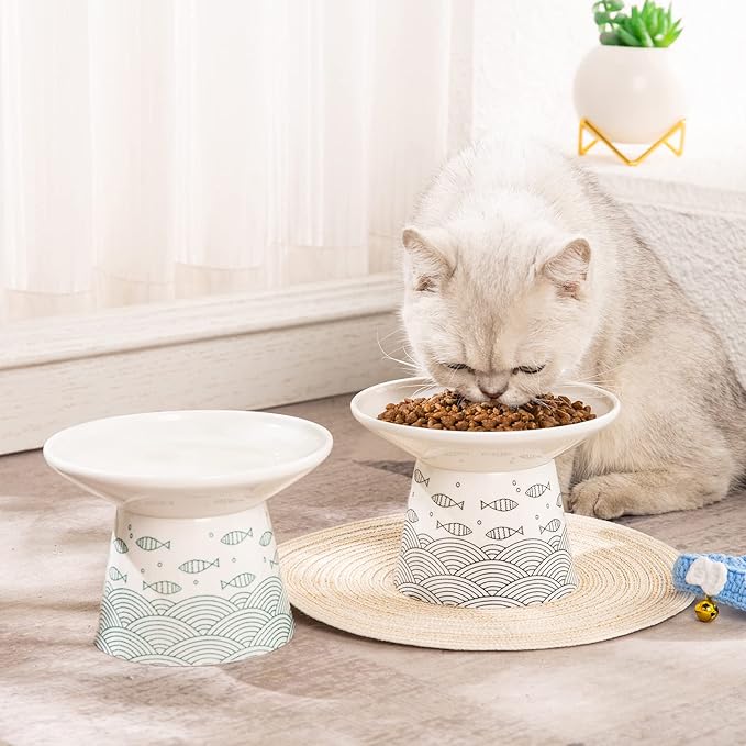 OMAYKEY 6.25 Inch Extra Wide Ceramic Raised Cat Bowls, Elevated Cat Bowls for Food & Water, Wide Shallow Cat Food Dish, Whisker Fatigue, Stress Free, Protect Spine, Black & Green Fish