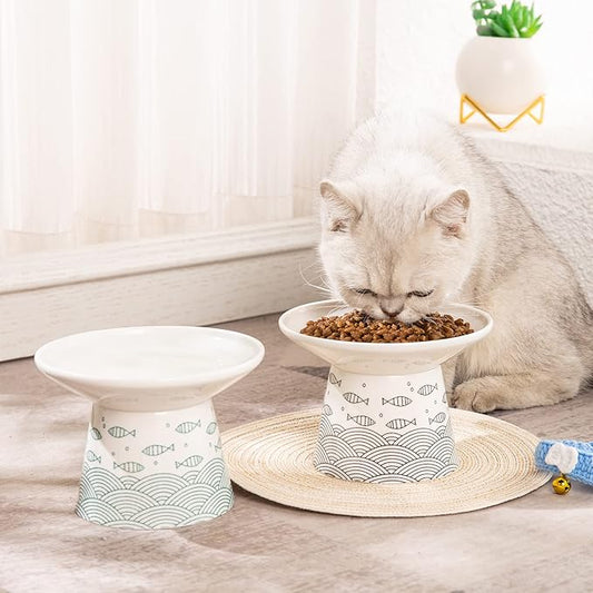 OMAYKEY 6.25 Inch Extra Wide Ceramic Raised Cat Bowls, Elevated Cat Bowls for Food & Water, Wide Shallow Cat Food Dish, Whisker Fatigue, Stress Free, Protect Spine, Black & Green Fish