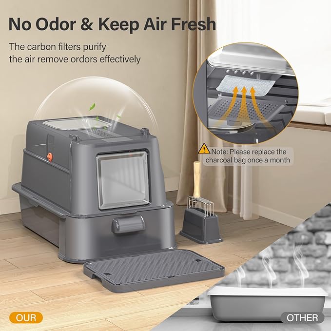 Enclosed Stainless Steel Cat Litter Box with Lid，XL Large Metal Cat Box with Drawer for Big Cats,Top Exit Kitty Litter Box Includes Scoop, Filter Pedal,Odor Control, Easy Cleaning