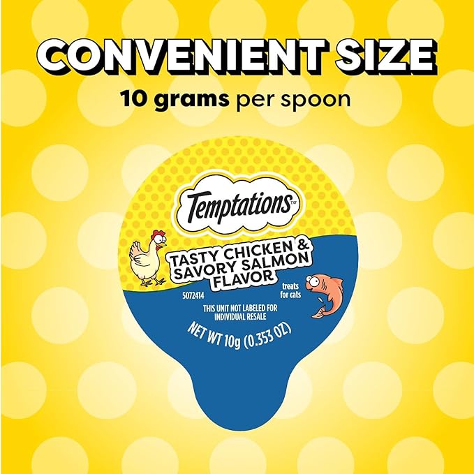 Temptations Lickable Spoons Adult Wet Cat Treat, Tasty Chicken and Savory Salmon Flavor, 8 Spoons, Pack of 12 (96 Total)