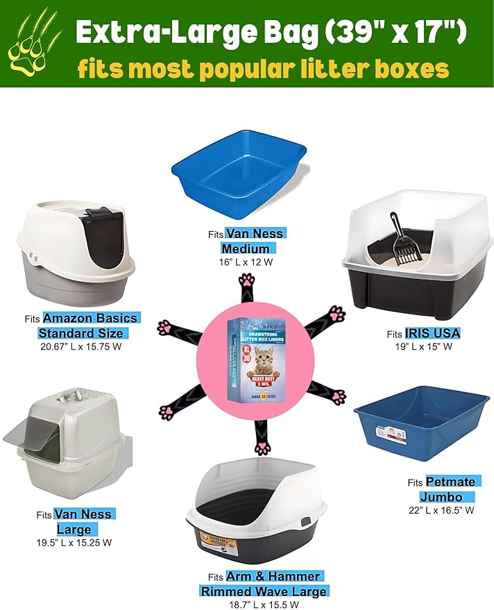 Cat Litter Box Liners Drawstring XL (30 Bags) 39" x 17" Super Jumbo Scratch Resistant Extra Heavy 2 Mil Disposable Litter Box Liner Cat Litter Tray Bags (30 Count)