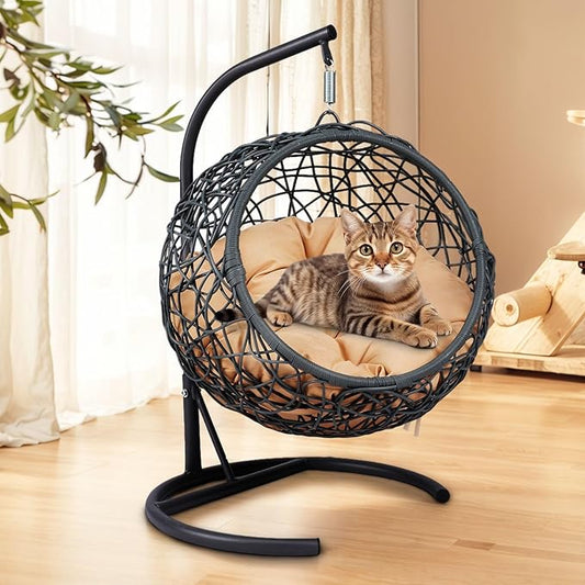 Cat Swing Bed with Stand & Cushion - Rattan Wicker Design, Indoor/Outdoor Hanging Hammock for Cats and Small Pets, Yellow