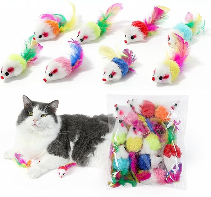 Cat Toys, 6 Pack Furry Rattle Mouse Toy Interactive Cat Toy with Feather Tail, 6 Assorted Faux Fur Kitten Toy 5.5” Realistic Size Mini Mice Cat Toy for Bored Indoor Adult Cat