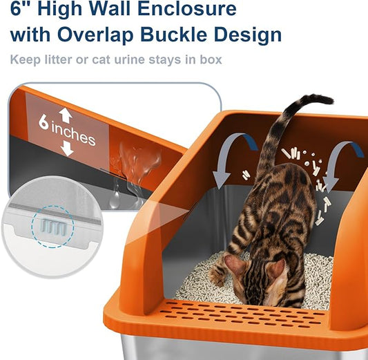 Enclosed Stainless Steel Litter Box with Lid Extra Large Litter Cat Box for Big Cats XL Metal Litter Pan Tray with High Sides Enclosure, Anti-Leakage, Easy Cleaning (Orange)