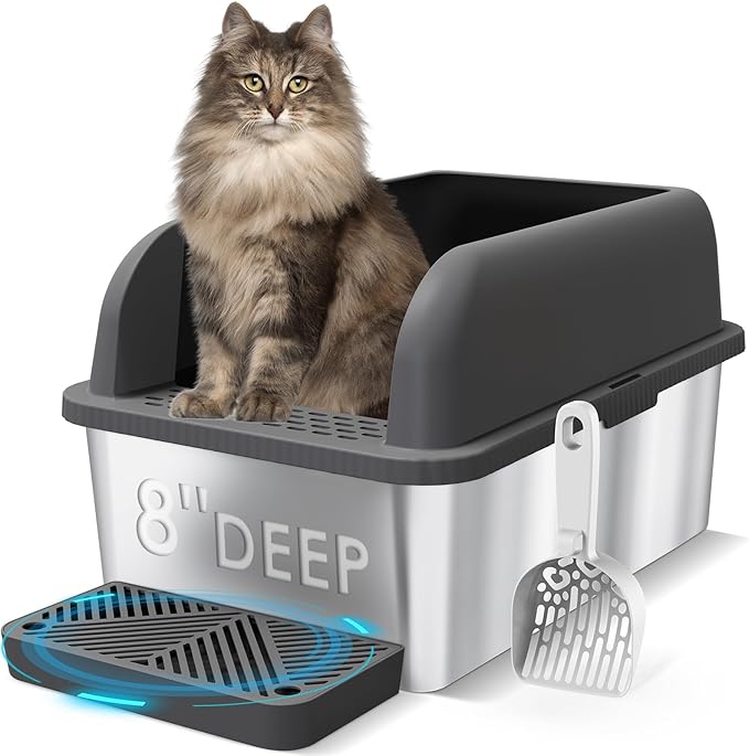 8" Deep Stainless Steel Litter Box with Lid Extra Large Cat Litter Box for Big Cats XL Metal Litter Pan Tray with High Wall Sides Enclosure, Non-Sticky, Anti-Leakage (Charcoal Gray)