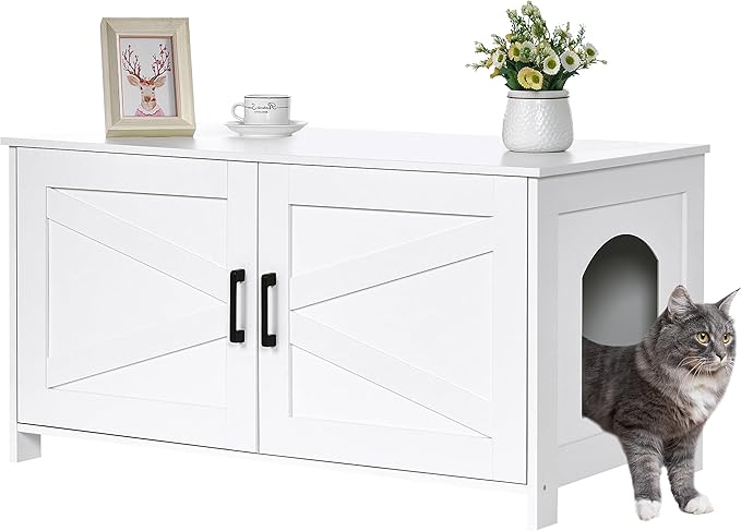 Homhedy 39.4" L Cat Litter Box Enclosure, Pet House with Barn Door, Wooden Cat Washroom Furniture, Fit Most of Litter Box, White