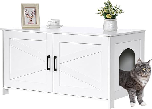 Homhedy 39.4" L Cat Litter Box Enclosure, Pet House with Barn Door, Wooden Cat Washroom Furniture, Fit Most of Litter Box, White