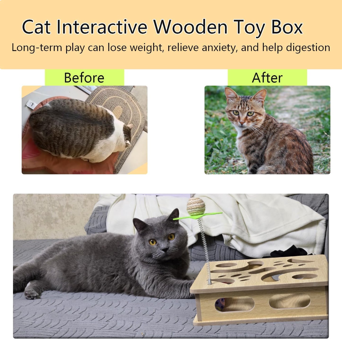 Interactive Wooden Cat Puzzle Toy Box Indoor Hunting Play Toy to Stimulate Your Cat’s Energy and Instincts (Pink)