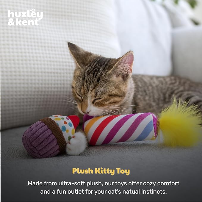 Huxley & Kent Plush Cat Toy - Interactive Catnip Toy for Cats & Kittens - Soft with Crinkle & Catnip - Fun Indoor Play - Mewow Cupcake & Candle, 2pk
