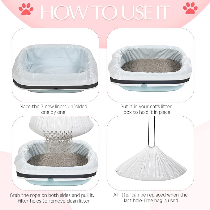 56 Count Sifting Cat Litter Bags Jumbo Thick Cat Litter Box Liners with Holes Disposable Extra Large Feline Pan Liners with Drawstring Scratch Resistant Quick Clean for Kitty Litter Box,36 x 18 Inch