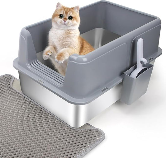 Stainless Steel Litter Box for Cats - Durable Open Design, High-Sided, Non-Stick Tray for Mess-Free Indoor Use, Multi-Pet Friendly for Rabbits, Guinea Pigs, and Small Pets