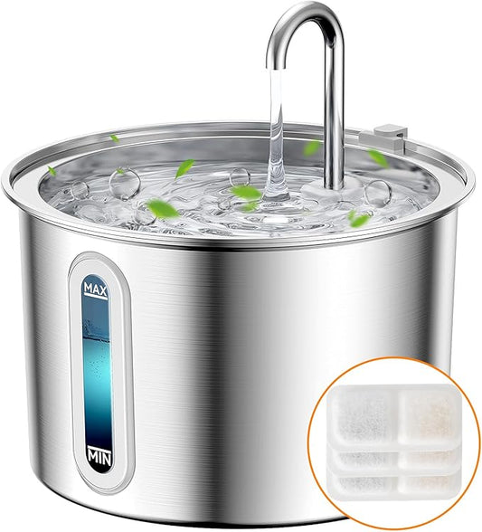oneisall Stainless Steel Cat Water Fountain, 2L Water Fountains for Cats Indoor with Quiet Pump and 3 Replacement Filters, Pet Water Fountain Faucet Spout Design Cat Fountain Drinking Inside, PWF 001