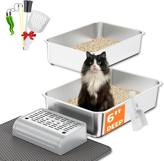 Stainless Steel Litter Box Set- [6-in-1] Large Cat Litter Box with Peadl, Mat, Scoop, Brush, Cat Wands, Non-Sticky Metal Litter Box for Cat, Kitty, Odorless, Easy Clean (23.6"x15.7"x6", 2 Pack)
