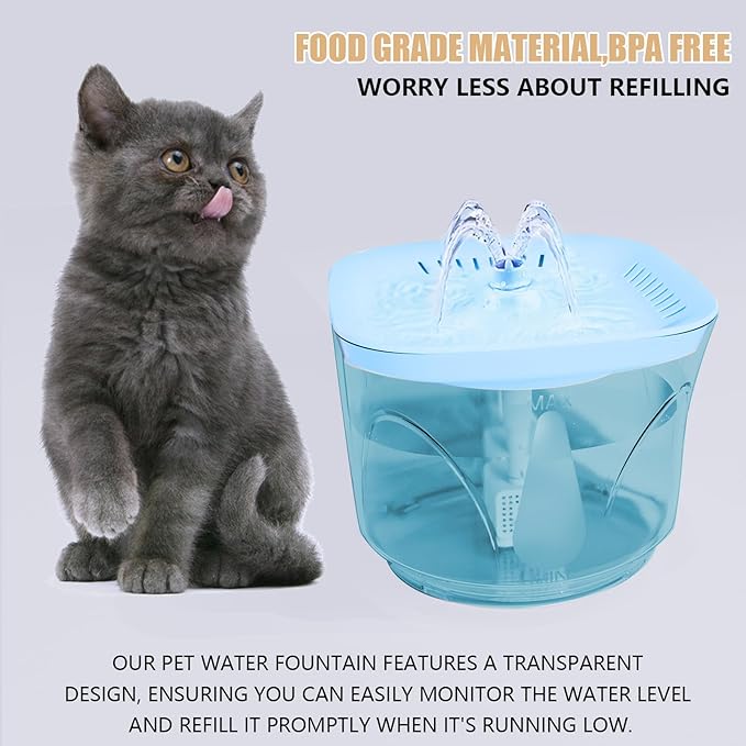 Cat Water Fountain - BOODIDI Ultra Silent Pet Drinking Fountain for Cats and Small Dogs, Indoor Water Fountain, 2.4L/2.5QT Capacity, with Replacement Filters (Blue)