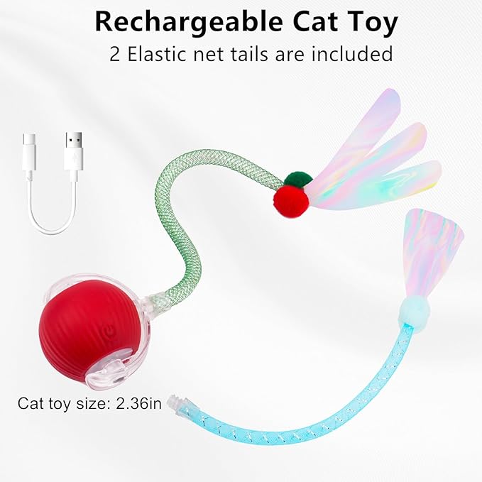 Interactive Cat Toy Balls, Automatic Rolling Cat Ball for Indoor Cats with Bird Chirping Sound & 3 Modes, Rechargeable USB Kitten Toys for Indoor Cats, 2 Fun Flexible Tails Stimulate Hunting Instincts