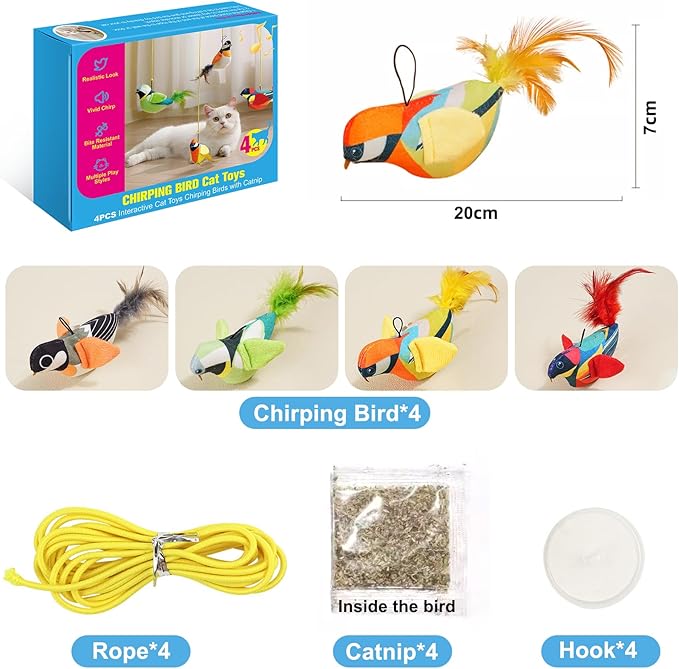 4PCS Interactive Hanging Bird Cat Toys Set - with Catnip, Realistic Chirping, Lifelike Birdie Tweets, Durable & Safe, Indoor Kitty Kitten Exercise Toys (Mini)