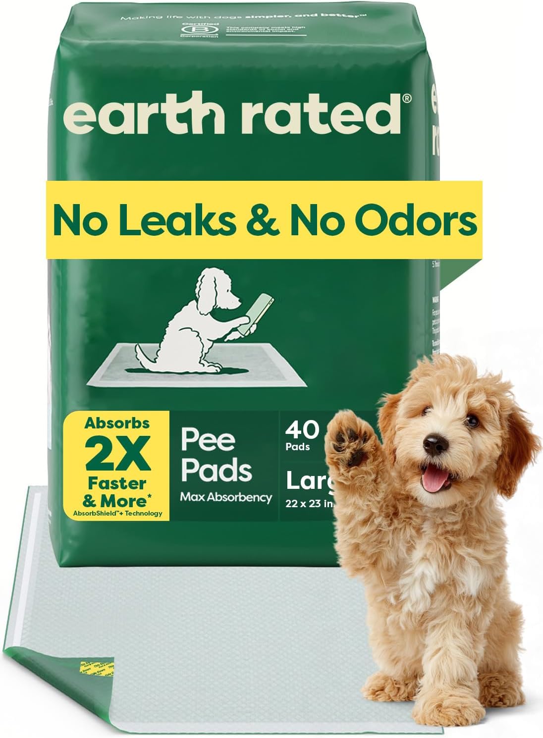 Earth Rated Max Absorbency Puppy Pee Pads for Dogs Absorbs 2X Faster & 2X More, Leak-Proof Odor-Free Potty Training Wee Wee Pad, Unscented, Large, 22” x 23”, 40 Count