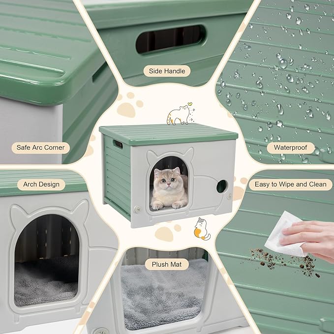 Plastic Cat House for Indoor Outdoor, Weatherproof Outside Cat House for Feral Cat, Stackable Cat Shelter with Plush Cushion (Green)