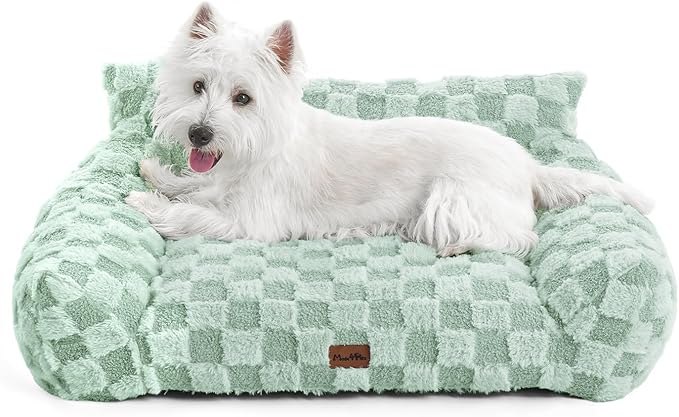 MADE 4 PETS Cat and Dog Couch Bed, Soft Faux Fur Checkered Pet Sofa, Cozy Fluffy Pet Sofa with Supportive Foam, Removable Washable Cover with Non-Slip Base, Green, Medium