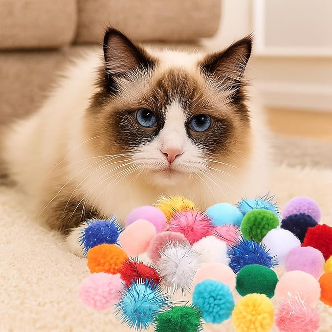 30 Pcs Cat Pom Pom Balls Assorted Color Sparkle Ball for Indoor Cats, Interactive Cats Toys Fuzzy Cat Balls Tinsel Glitter Chase Poms Poms Ball for Exercise and Entertainment