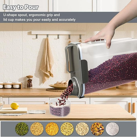 Rice Container, Airtight Rice Storage Container 10lb, Cereal Containers Storage, BPA Free Food Dispenser with Pouring Spout Handle for Flour Pasta Grain, Pet Dog Cat Bird Food Storage Container