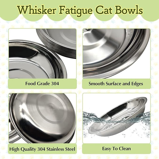 4PCS Stainless Steel Cat Bowls, 5.5" Dia Shallow Cats Water Food Dish Replacement Whisker Fatigue Relief Plate Stackable Metal Pet Feeding Bowl Basic Bulk for Puppy Dogs Elevated Stand
