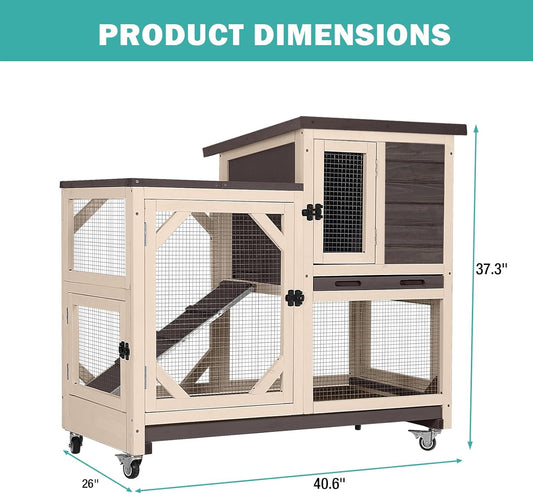 Rabbit Hutch Indoor for 2-4 Rabbits & Guinea Pigs，Bunny Cage with Slide-Out Plastic Trays，Wooden Small Animal Cage for Rabbits, Bunnies, and Guinea Pigs (Dark Brown)