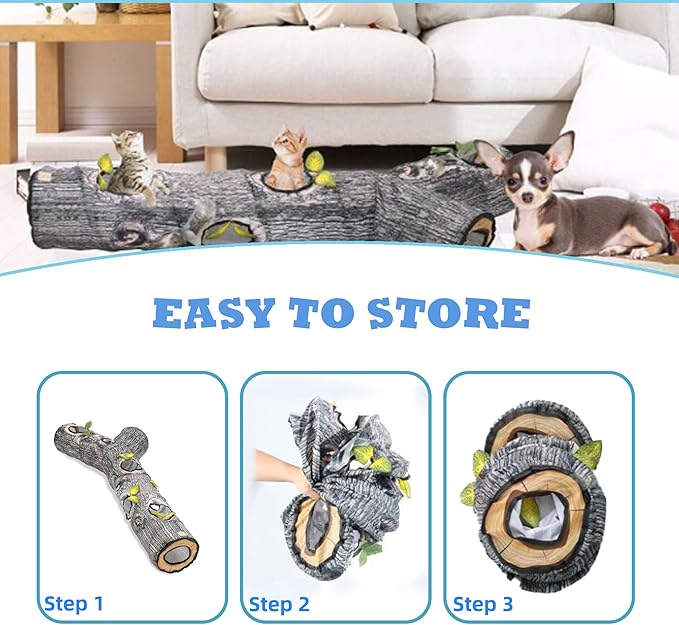 Cat Tunnels for Indoor Cats, Tree Trunk Cat Tunnel Toys, Cat Stuff Accessories for Large Cats Kitten and Other Small Animals to Chase and Play, Foldable & Easy to Store, Cat Tube Toys L 59"