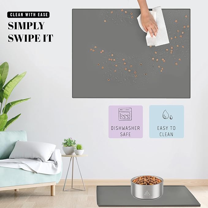 AVERYDAY 18x10'' Silicone Dog Mat for Food and Water, 0.63'' Edge Dog Food Bowl Mats for Floor Waterproof, Dogs Water Mat for Sloppy Drinker, Non Slip Rubber Pet Feeding Mats for Indoor Dogs and Cats