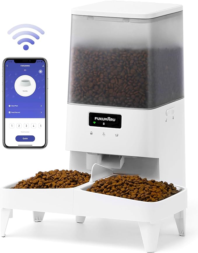 FUKUMARU Automatic Cat Feeder, WiFi Automatic Dog Feeder with Freshness Preservation, 5L Timed Cat Food Dispenser with Elevated Bowls, Up to 10 Meals Per Day