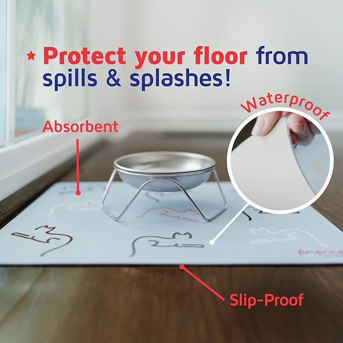 Cat Feeding Mat by Americat for Cat Food & Water Bowls – Machine Washable, Waterproof, No-Slip & Made in USA Cat Placemat – Protect Floors from Messy Eaters & Drinkers – 16 x 12 Inches (Cats)