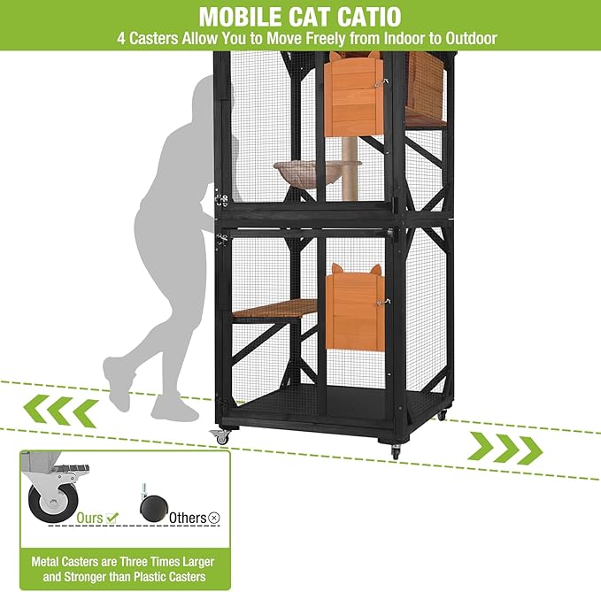 GUTINNEEN Cat House Outdoor Catio on Wheels 70.9" Cat Enclosure Perfect for 3-5 Cats,Waterproof Cover Kitty Shelter