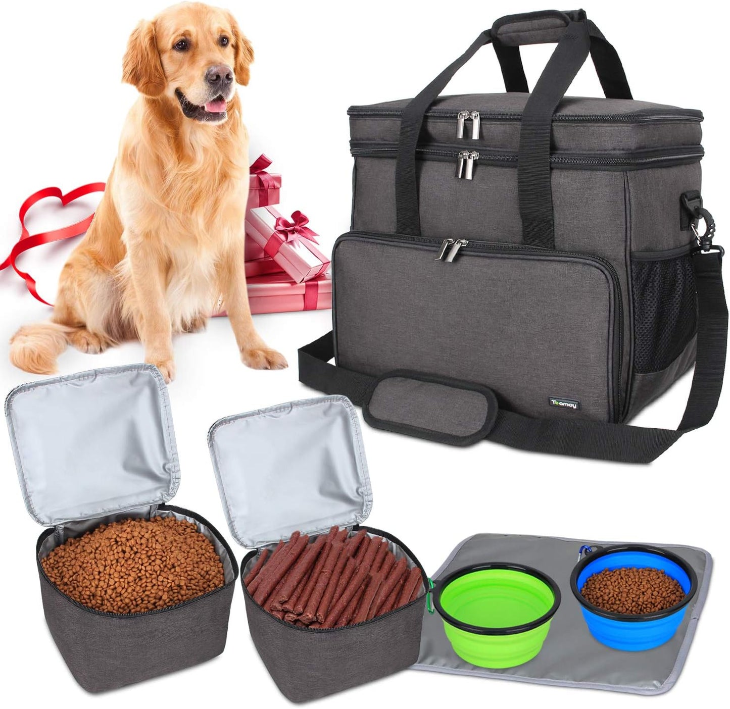 Teamoy Double Layer Dog Travel Bag, Dog Bag for Supplies with 2 Silicone Collapsible Bowls, 2 Food Carriers, 1 Water-Resistant Placemat, Pet Supplies Weekend Tote Organizer (Large, Black)