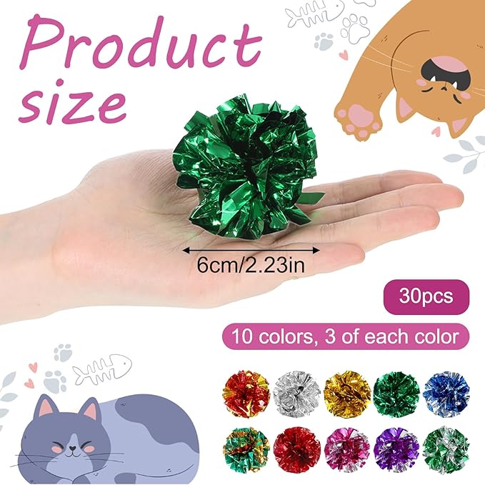 30 Pcs Cat Crinkle Balls Toy 2.36 Inch Interactive Crinkle Balls for Cats, Colorful Chew and Chase Training Activity Cat Toys for Indoor Kittens to Keep Fit Active